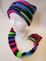 Crochet Pixie Long Tail Winter Hat Neon And Black