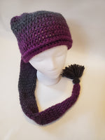 Crochet Pixie Long Tail Winter Hat Purple and Black