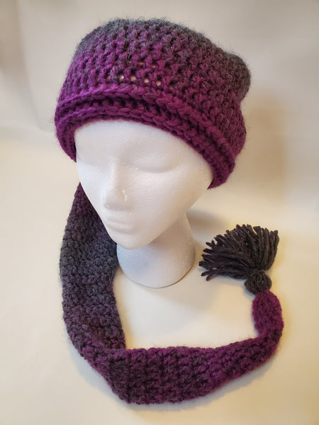 Crochet Pixie Long Tail Winter Hat Purple and Black