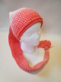 Crochet Pixie Long Tail Winter Hat Coral and Cream