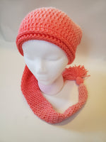 Crochet Pixie Long Tail Winter Hat Coral and Cream