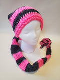 Crochet Pixie Long Tail Winter Hat Pink and Grey Stripes