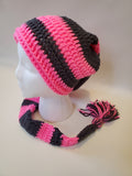 Crochet Pixie Long Tail Winter Hat Pink and Grey Stripes