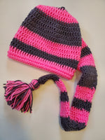 Crochet Pixie Long Tail Winter Hat Pink and Grey Stripes