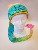 Crochet Pixie Long Tail Winter Hat Pastel Rainbow