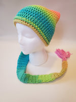 Crochet Pixie Long Tail Winter Hat Pastel Rainbow