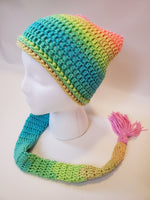 Crochet Pixie Long Tail Winter Hat Pastel Rainbow