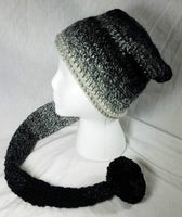 Crochet Pixie Long Tail Winter Hat Black/Cream